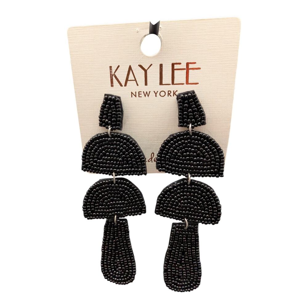 Kay Lee New York Black Beaded Statement Earrings Geometric Drop Boho Chic